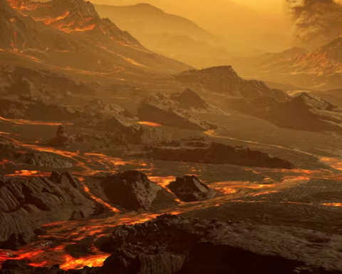 Representación artística de la superficie del planeta Su (Gliese 486b) a unos 430 °C, con un un paisaje similar al de Venus pero atravesado por flujos de lava resplandecientes. RenderArea/CARMENES/Caballero, CC BY-SA