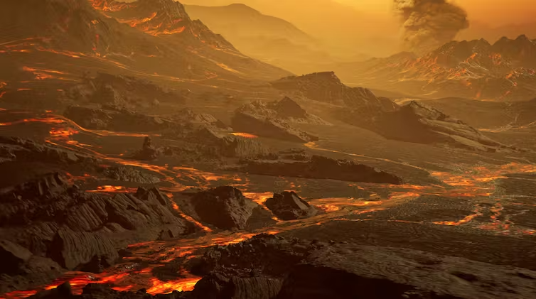 Representación artística de la superficie del planeta Su (Gliese 486b) a unos 430 °C, con un un paisaje similar al de Venus pero atravesado por flujos de lava resplandecientes. RenderArea/CARMENES/Caballero, CC BY-SA