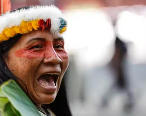 Quito, 14 de agosto de 2023: la comunidad indígena Waorani se manifiesta a favor del referéndum para poner fin a la explotación petrolera en el parque nacional Yasuní. Martin Bernetti/AFP